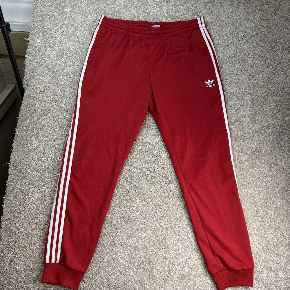 Adidas Track Pants Mens XL Red Knit Elastic Waist Tapered Stripe Athletic